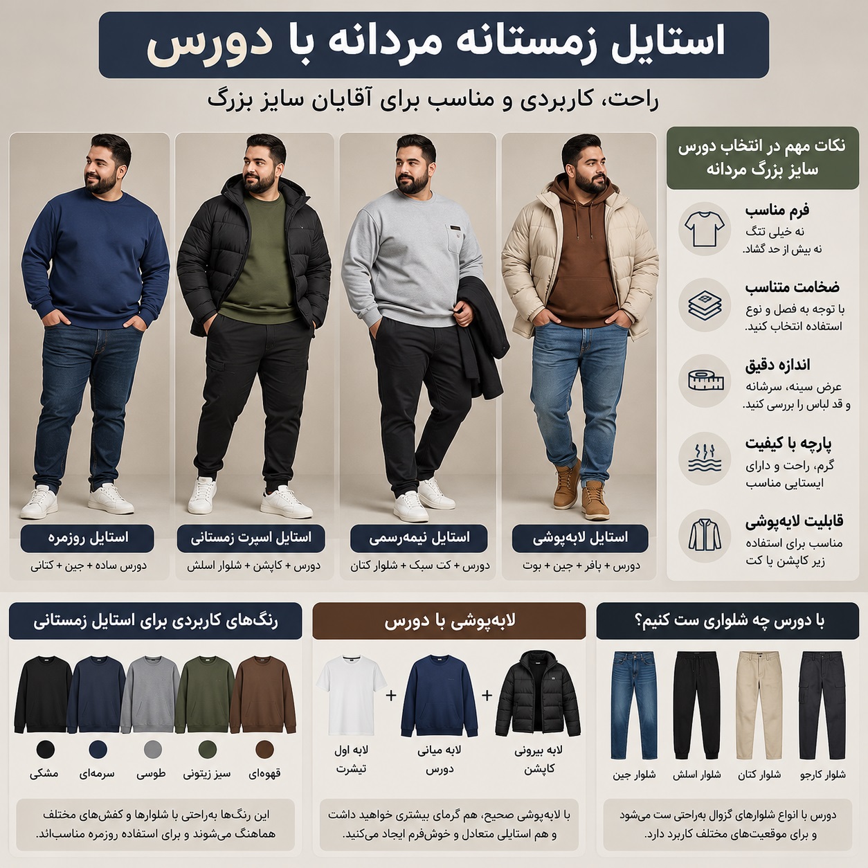 راهنمای انتخاب دورس سایز بزرگ مردانه برای روزهای سرد