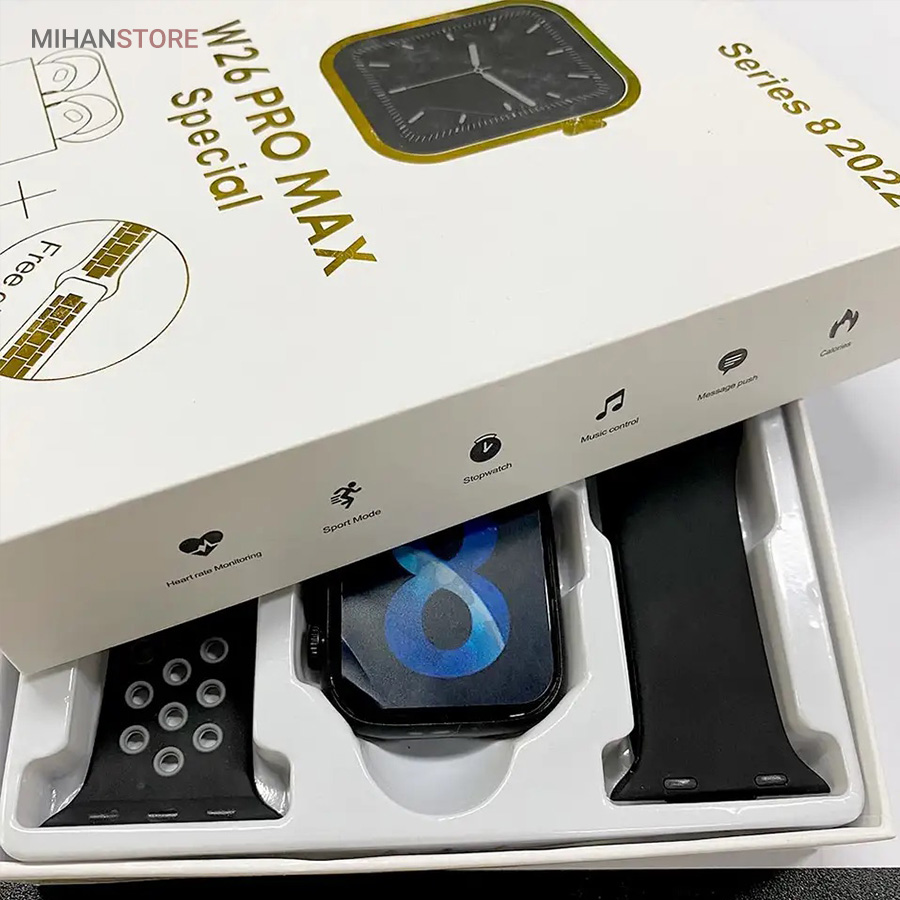 خرید اینترنتی پستی ساعت هوشمند و هندزفری بلوتوث W26 Pro Max
