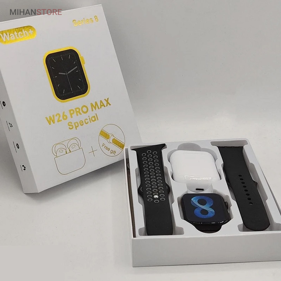 خرید اینترنتی پستی ساعت هوشمند و هندزفری بلوتوث W26 Pro Max